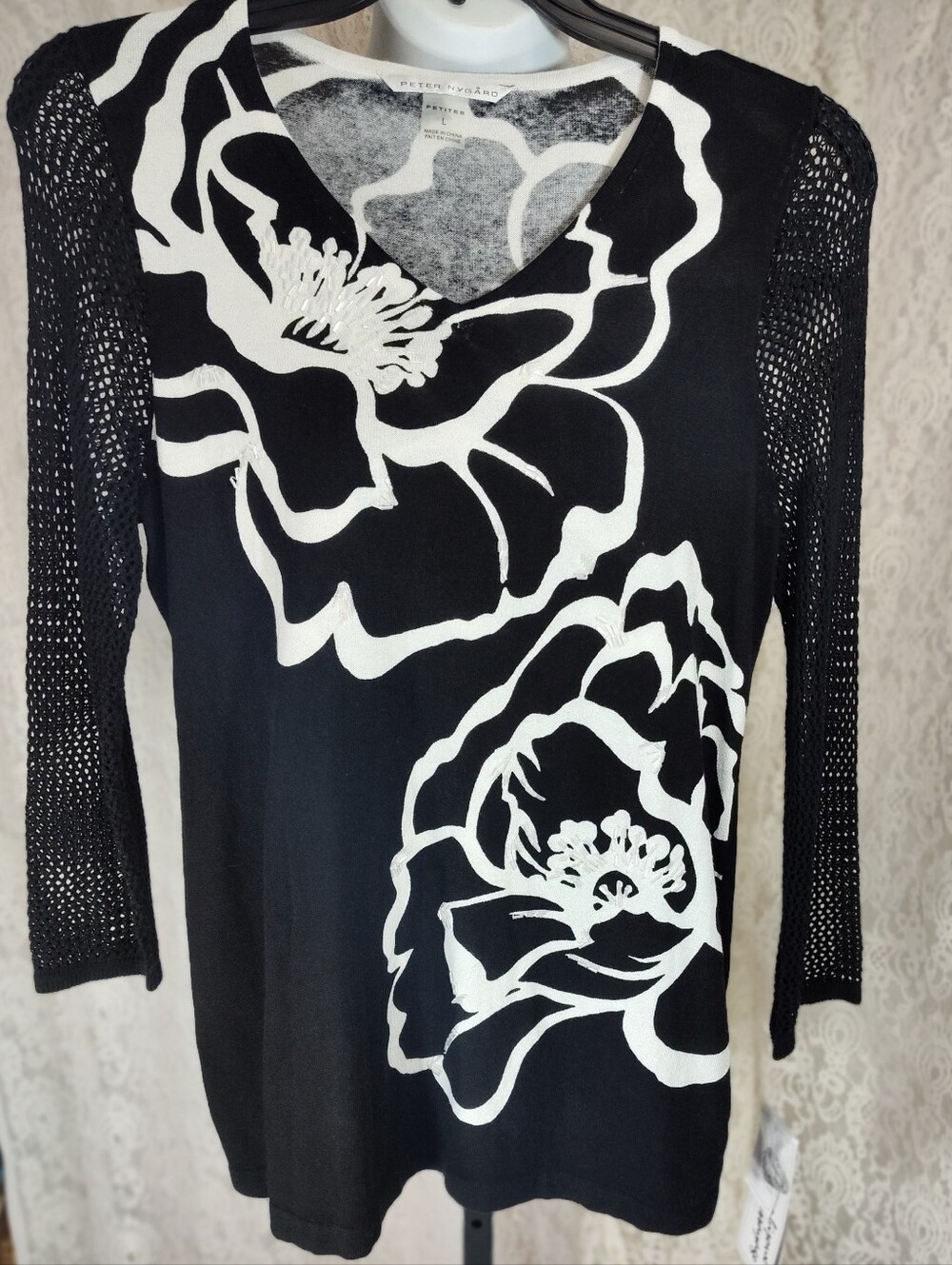 Peter Nygard Black Dress with White Floral Print and Knit Long Sleeves